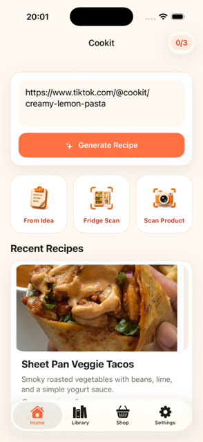 Cookit iOS app home screen