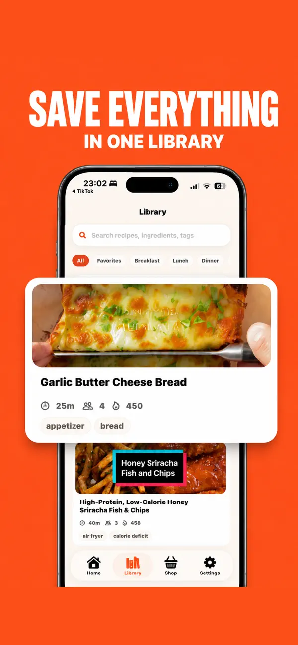 Instagram recipe saved into the Cookit recipe library alongside recipes from links, screenshots, and notes