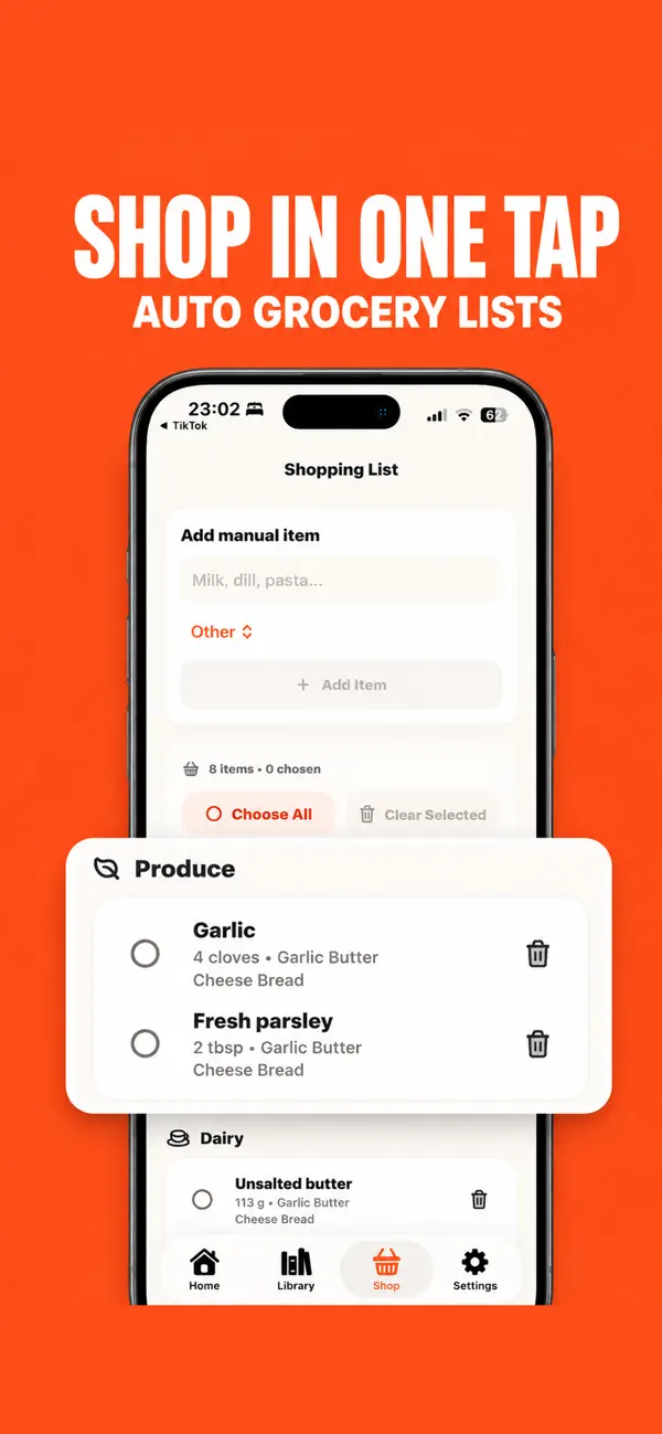 Automatic grocery list built from selected recipes in the Cookit app, ready to shop in one tap