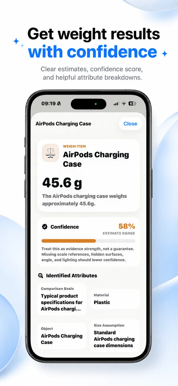Scale AI result screen on iPhone showing an AI estimate with a confidence score and identified item attributes