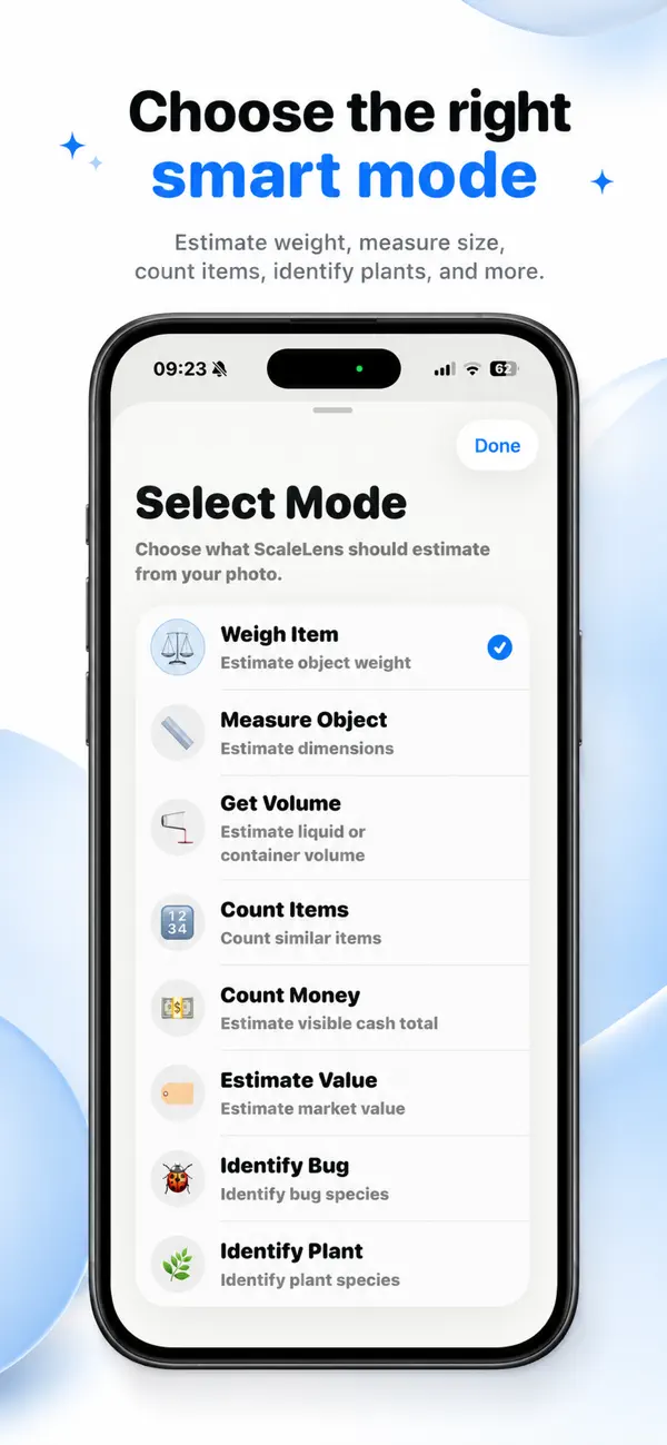 Scale AI mode selector on iPhone with Measure Object mode for estimating an object's length, width, and height