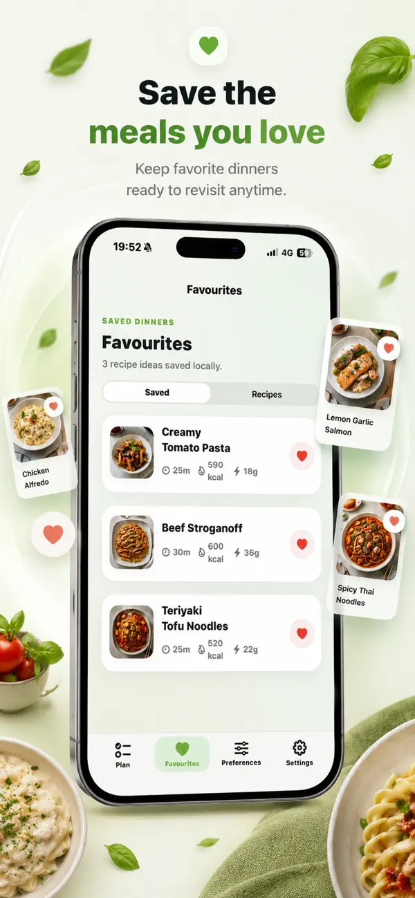 Saved vegetarian meals and favourites in the Soti weekly meal planner
