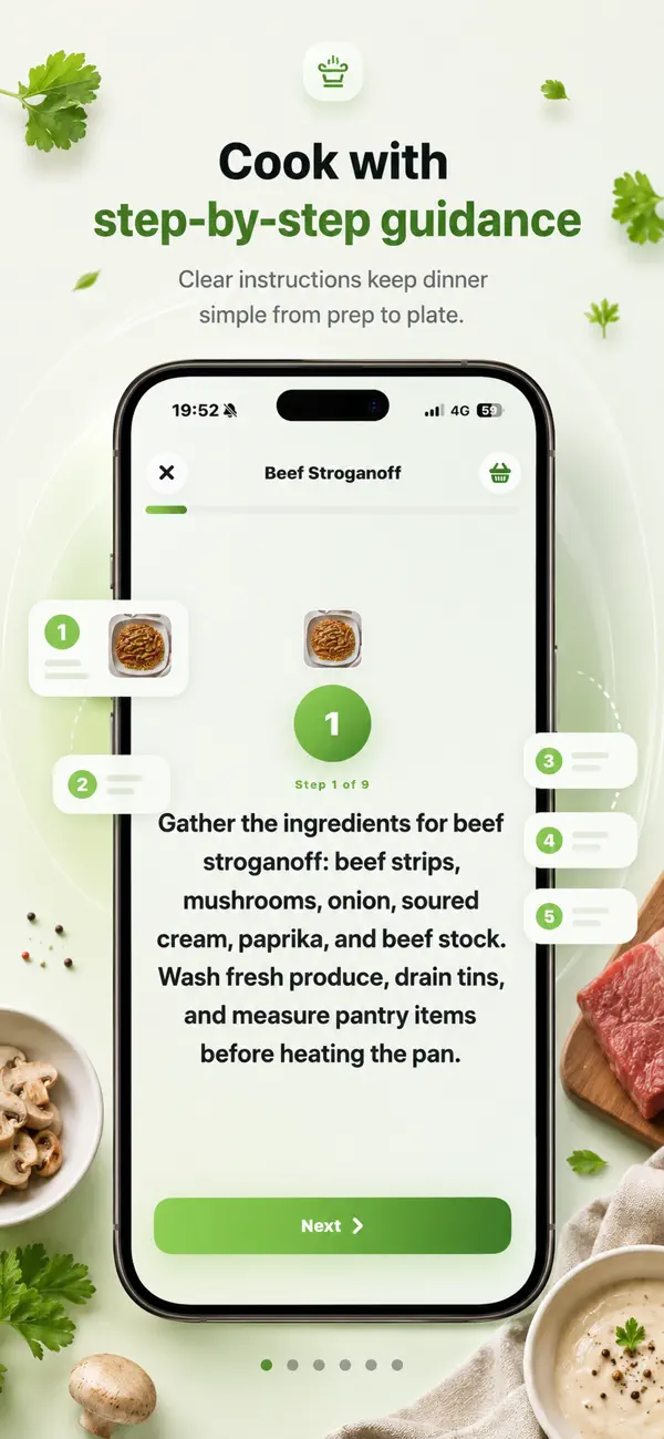 Soti Cook Mode showing step-by-step instructions for tonight's dinner